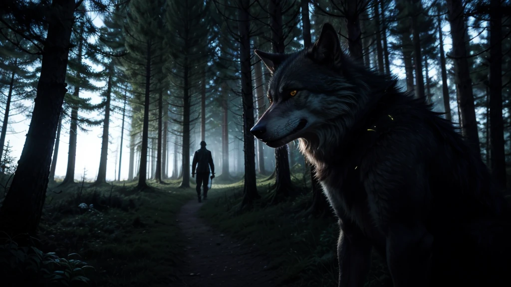 A werewolf-shaped man with yellow eyes glowing in the dark among the trees, with only the silhouette vaguely visible.