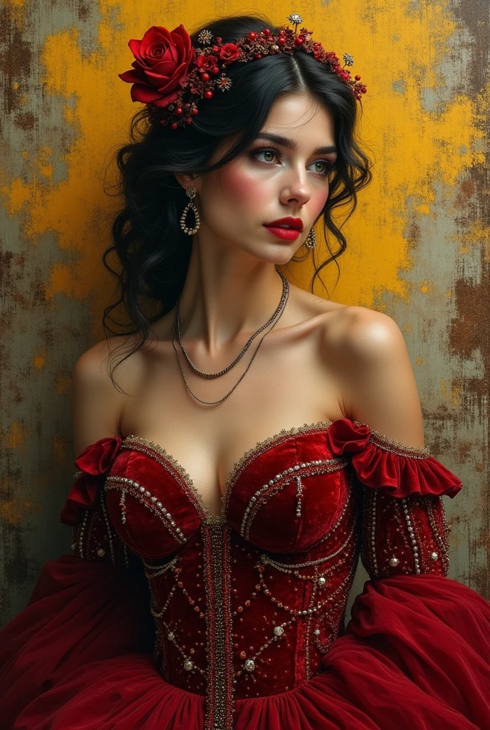 A woman draped in a velvet dress, captured in tantalizing detail with cotton wool and beads adorning her attire. an abstract masterpiece, over-detailed, intricately blended with black-yellow and vivid red hues, reminiscent of olivia locher's flair, mark davis' creativity, miki asai's intricacy, william turner's technique, and rolf armstrong's vintage charm. echoing the genius of daniel merriam, ray caesar, mark ryden, the piece is a mesmer