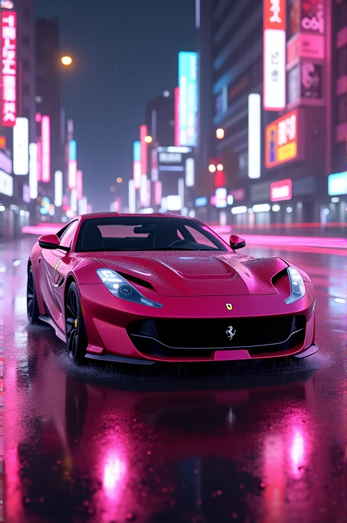 Pink metallic Ferrari 812 gts in seoul streets at night with pink and white neon lights, an it rains