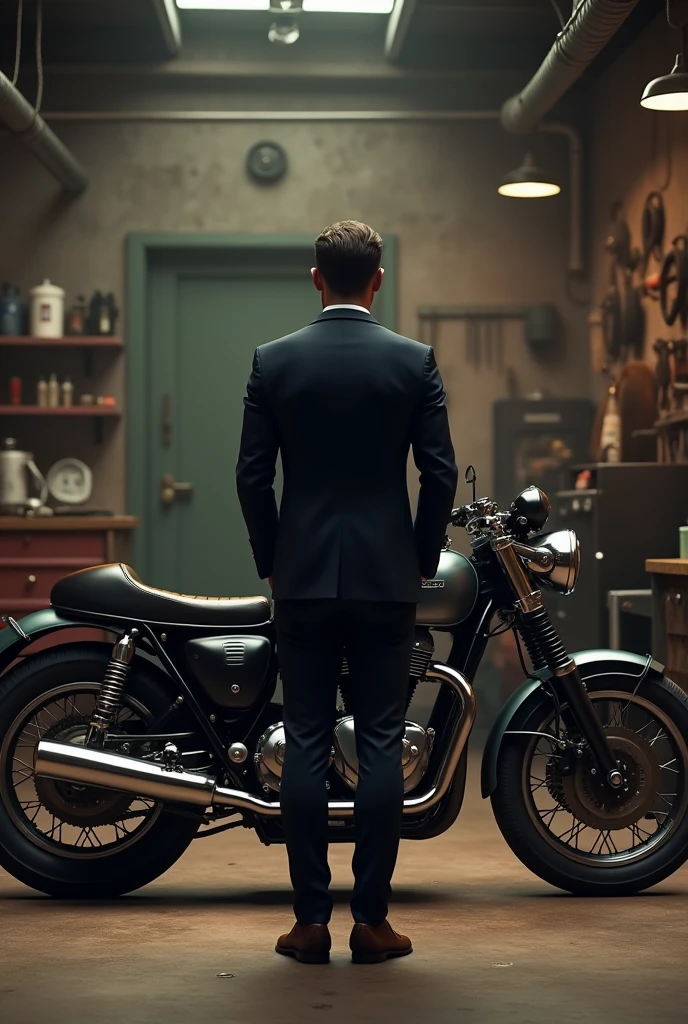 moodboard montage, A man standing in a vintage garage, wearing a well-tailored suit, looking at a classic motorcycle, (best quality,4k,8k,highres,masterpiece:1.2),ultra-detailed,(realistic,photorealistic,photo-realistic:1.37),detailed clothing, extremely detailed face and eyes,sharp focus,physically-based rendering,professional,vivid colors,dramatic lighting,moody atmosphere,gritty industrial setting,retro palette,vintage aesthetic,luxury fashion,masculine style,automotive details,motorcycle enthusiast