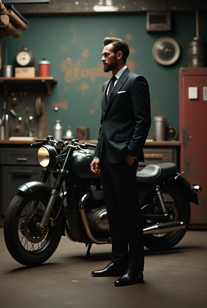 moodboard montage, A man standing in a vintage garage, wearing a well-tailored suit, looking at a classic motorcycle, (best quality,4k,8k,highres,masterpiece:1.2),ultra-detailed,(realistic,photorealistic,photo-realistic:1.37),detailed clothing, extremely detailed face and eyes,sharp focus,physically-based rendering,professional,vivid colors,dramatic lighting,moody atmosphere,gritty industrial setting,retro palette,vintage aesthetic,luxury fashion,masculine style,automotive details,motorcycle enthusiast