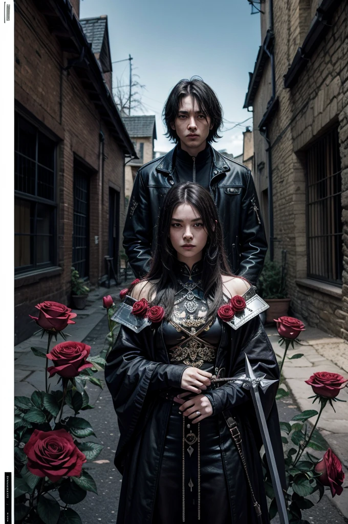 rock album cover with swords and roses