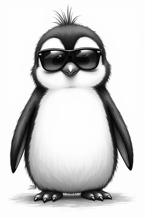 Monochrome, Pencil drawing, self-portrait, cute,penguin,sunglasses,(manga, comics, figure)-style