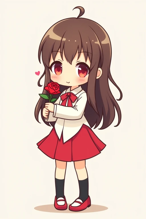 A cute anime girl with long brown hair, red eyes, wearing a simple white dress shirt with a red handkerchief-shaped ribbon, a simple red skirt, black socks, and red shoes with white areas is smiling gently and holding a single red rose in both arms, this is a deformed illustration with a thick outline.
