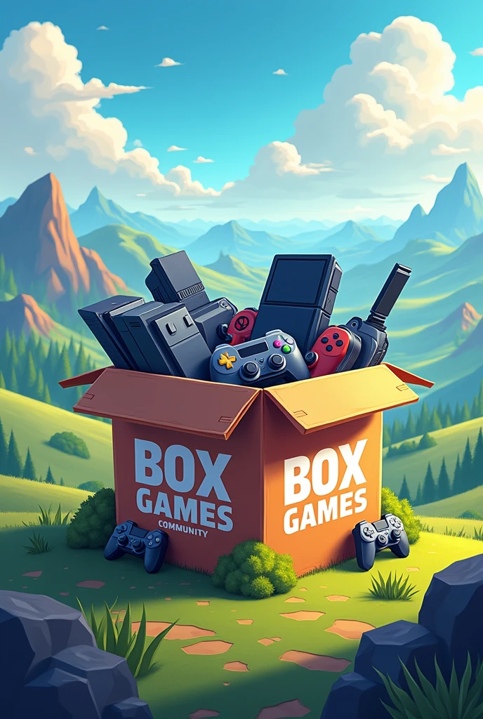 create a logo with electronic games inside a cardboard box behind a gamer landscape with the words Box Games Community written on the box