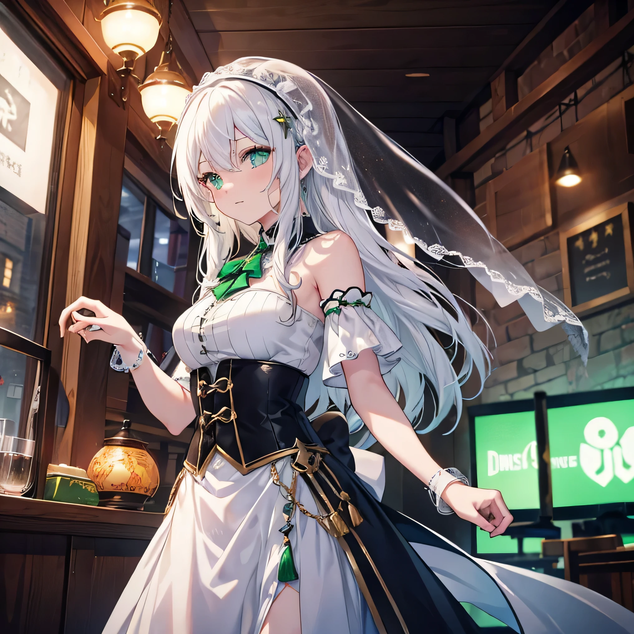 game、Tavern、Chatting、Celtic Music、Dancer、White Hair、Veil、Emerald green eyes