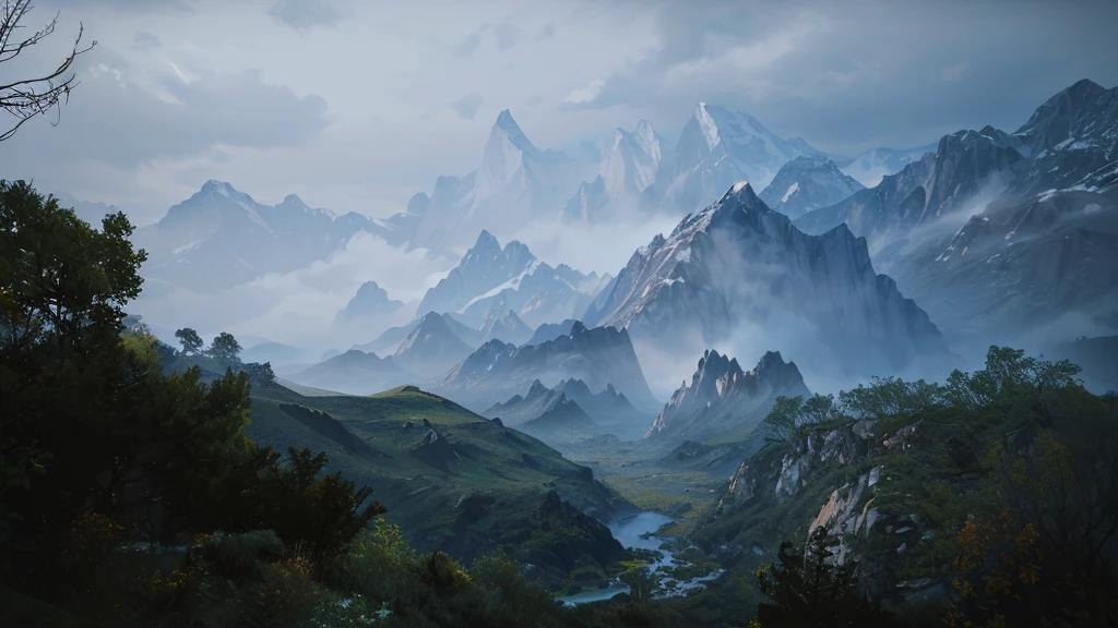 There are several trees on the mountain,There are still a few clouds in the sky, Rendered in 4K HQ using Unreal Engine, Rendered in 4K HQ using Unreal Engine, Rendering in cryengine, Rendering with Unreal Engine 5, Beautiful landscape rendering, Rendered in 8k Unreal Engine, Unreal Engine 4K Wallpaper, 8k Landscape Rendering, Cryengine 8K rendering, Rendering with Unreal Engine 6