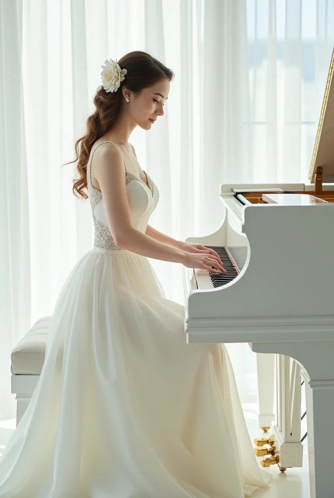 ((Woman in wedding dress plays white piano ))(Romantic Light,Super detailed:1.2)White grand piano,Soft Focus,bright scene,masterpiece:1.2,White tones,Luxurious materials,High resolution,portrait,