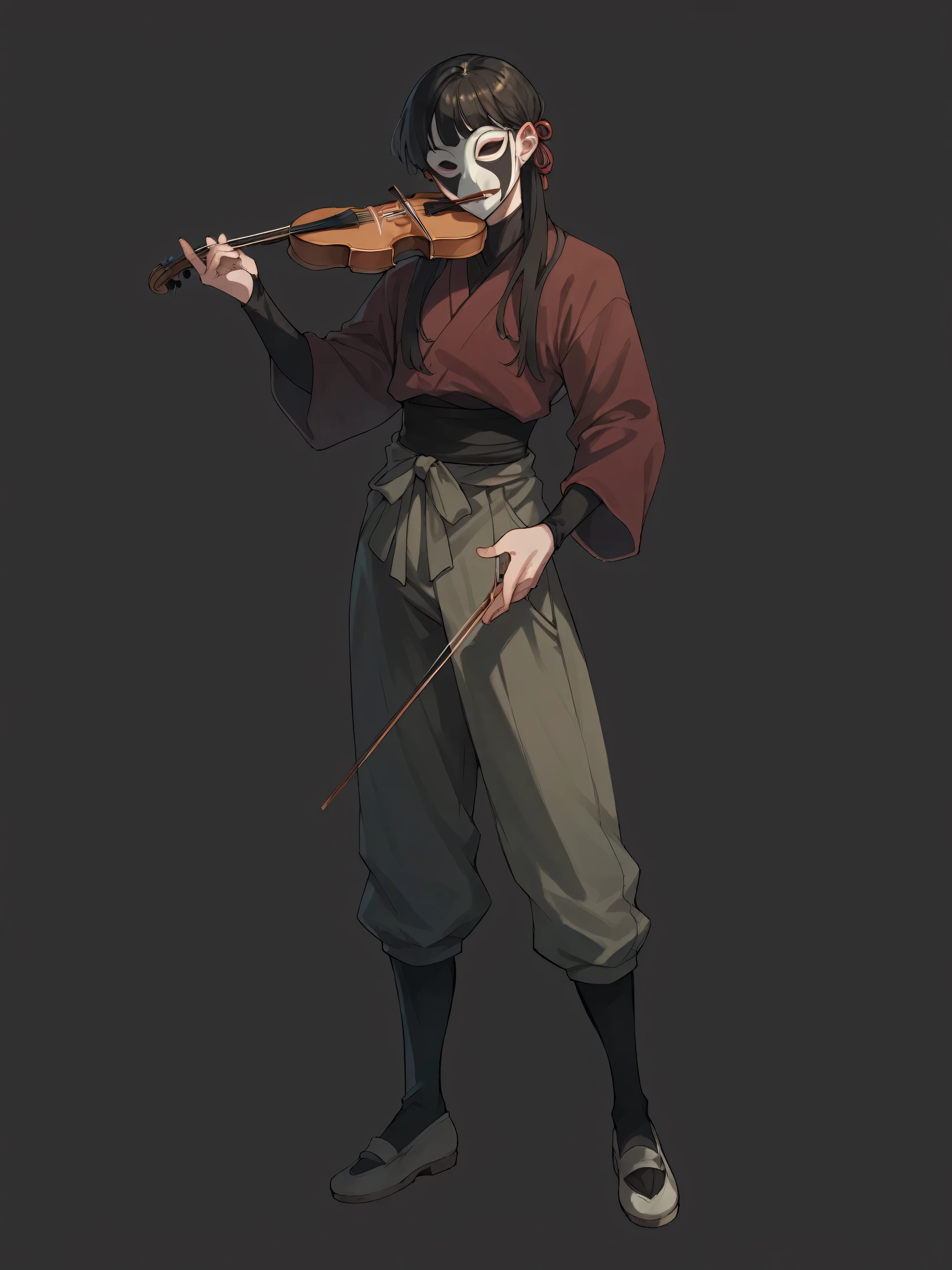 Young woman, with a violin, wearing a Japanese mask