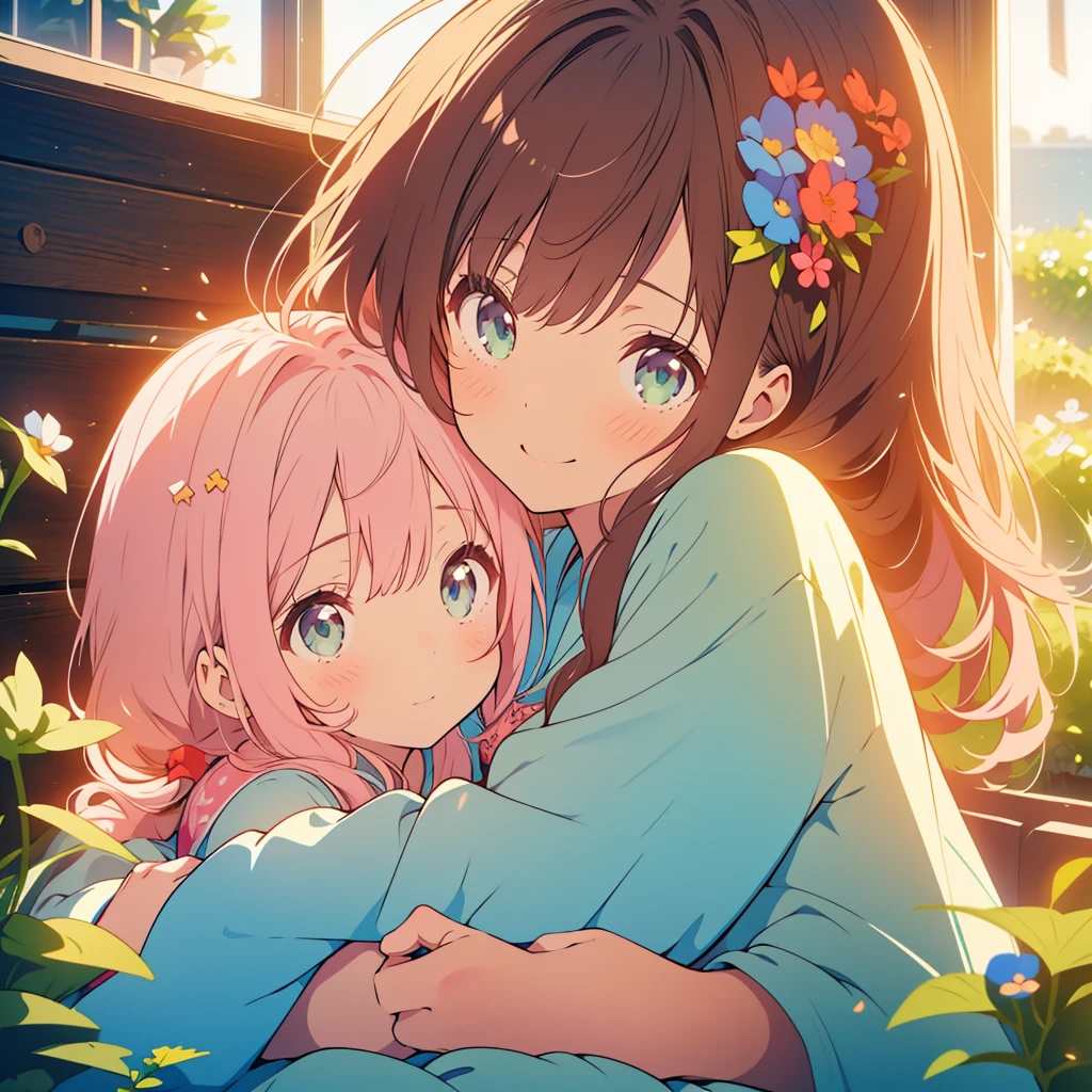 kawaii, anime, Cute, hyper quality, highly detailed, 8k, Clarity, Draw facial expressions in detail, Nemophila, blue nemophila flower, Girl with long brown hair and green eyes, Hug each other and take a nap, A young girl with short light pink hair and scarlet eyes., good friends, smile, Hill where nemophila flowers bloom, refreshing sky, rainbow, morning dew, lie down, hold hands, A brown-haired girl and a young girl with light pink hair, 