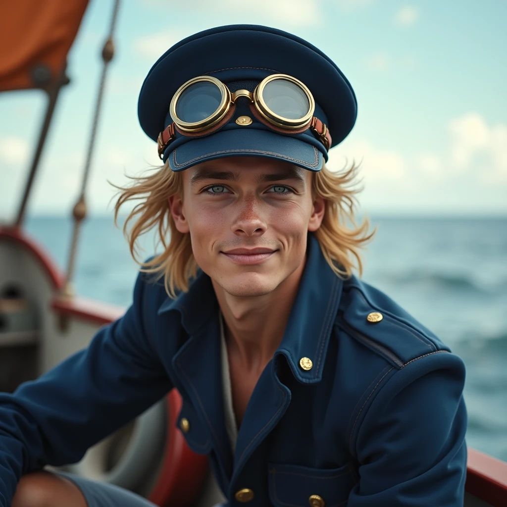 White male、(((1)))、美Shii若者、smile、blonde、semi-long、、Rin々Shii、brave、skinny、(((Old burn scar around left eye)))、Top hats and goggles、Navy Costume、Jacket、On the boat、Genuine、Genuineistic、Live Action、High Resolution Black Hair,