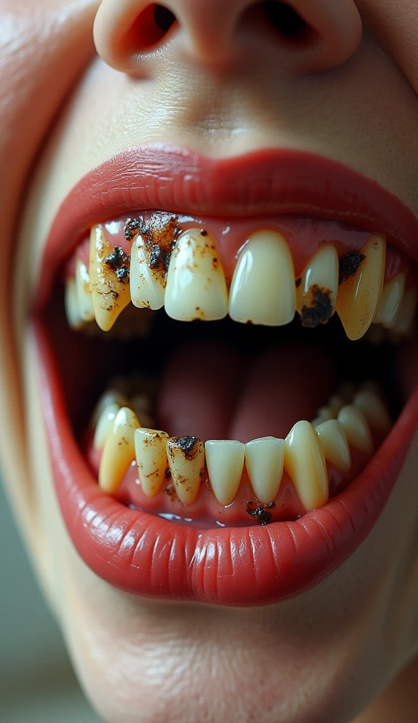 A close-up of teeth with visible damage and cavities, holding a can of Coca-Cola."
