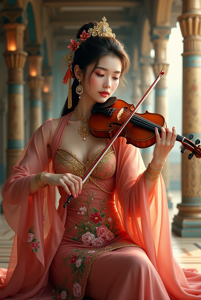 A beautiful and lovely Thai girl wearing ancient costume，sitting in the palace，Hands playing the soprano fiddle。She has delicate features，Exquisite makeup，Traditional dress with floral patterns。Background incorporates classical architectural elements，Create the atmosphere。This illustration style showcases intricate details and vibrant colors.。 --ar 3:4