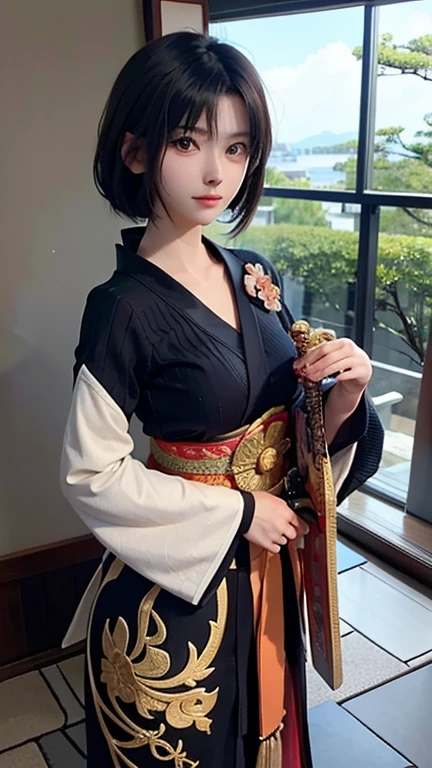 Japan, Sengoku period, beautiful girl, Japanese anime, black hair, short hair, slanted eyes, war genius, military strategist, sword style
