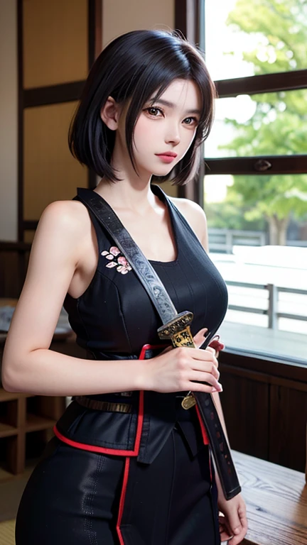 Japan, Sengoku period, beautiful girl, Japanese anime, black hair, short hair, slanted eyes, war genius, military strategist, sword style