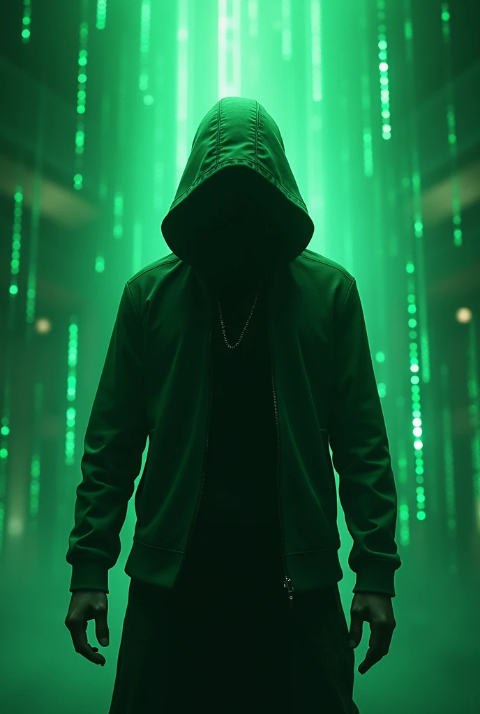 A hooded figure stands in front of a green digital matrix with the text "MATRIX GAMING" in front of them. [Digital art, cyberpunk style], [inspired by the work of Beeple], [lighting: green, focus on the figure, background: green digital matrix, texture: smooth, rendering: high quality]