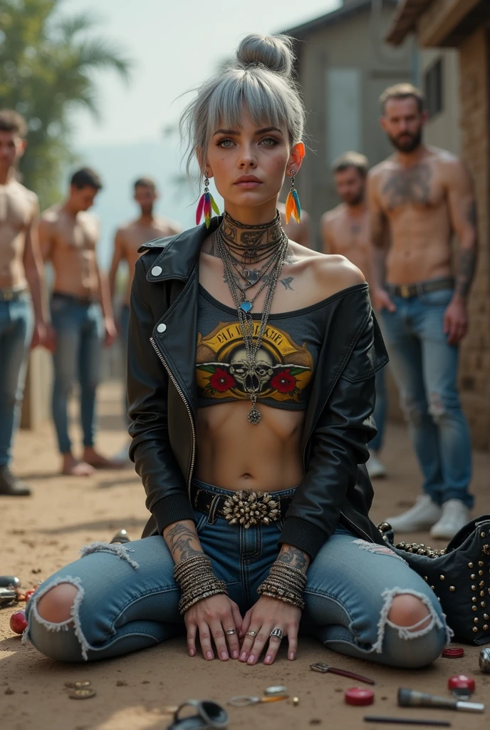 russian milf woman, grey hair (pouf, and top bun and shaved sides) and wide colourful bandana as headband, with very light blue eyes, extremely pale. Wearing cropped black moto jacket with lots of zippers and pins, dark grey cropped worn t-shirt with guns and roses logo, skinny blue jeans with holes in knees and dirty white tennis sneakers. Dusty knees and dusty hands. Lots of metallic bracelets, boho pendants and colourful beads collars. Tacky wide studded leather belt with oversized skull and bones buckle. Long bohemian earrings with colourful feathers. Kneeling like in a payer, chin up stretching her neck , humble facial expression. Hands on her knees, showing off bracelets and rings. studded black leather tote bag with chains on the floor, next to her.. Listening in amazement to somebody speaking to her, well toned abdominals, thin neck, slim legs and thin arms. Tattoed heavily on chest and hands. Dirt street in Kenian village full of waste. A lot of tanned shirtless fat men in jeans around looking at her. next to her, all her belongings scattered on the floor: makeup kit, little makeup mirror, studded black leather tote bag, lipstick, wallet, moble etc on the floor
