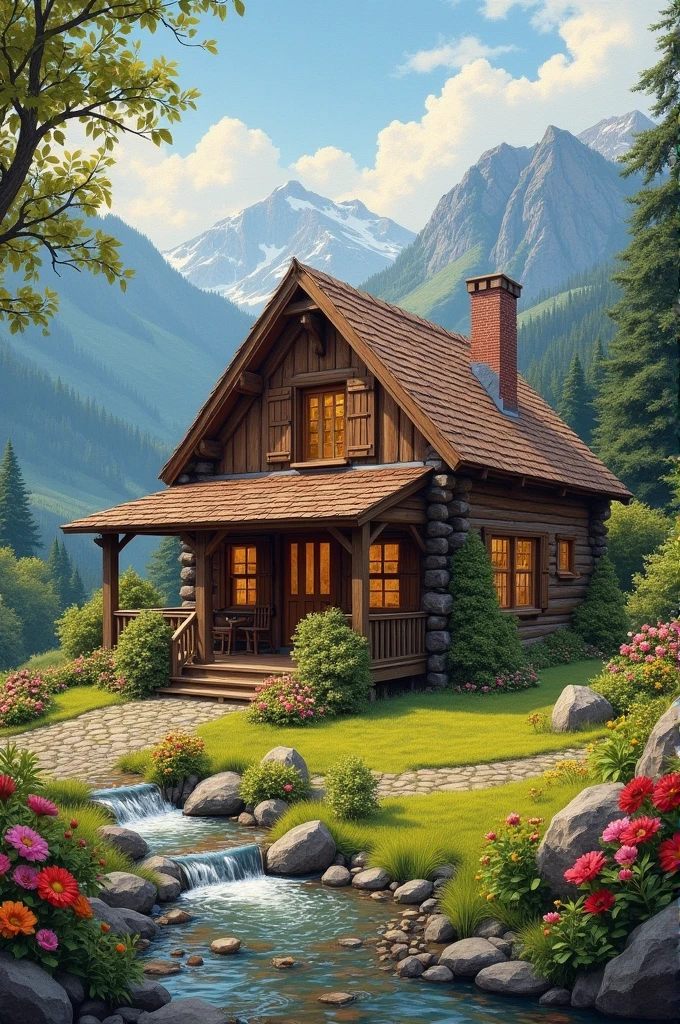 Make me a picture of a simple wooden house with a chimney that has a porch where you can have coffee in a forest on a mountain that has a stream and has various flowers that is in oil painting
