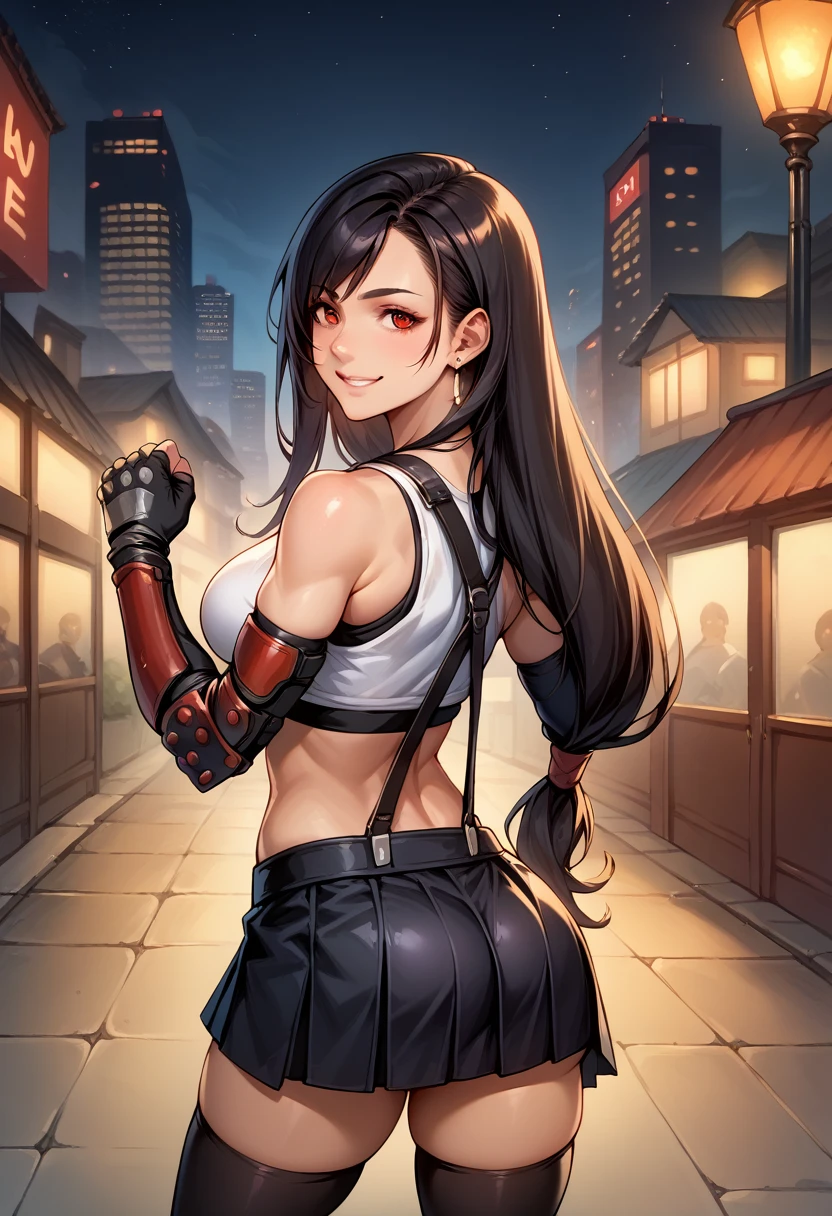 score_9, score_8_up, score_7_up, BREAK, score_9, smile, 7rtif, red eyes, black hair, low-tied long hair, earrings, sports bra, black suspenders, pleated miniskirt, black thighhighs, arm guards, elbow gloves, fingerless gloves, looking at viewer, cowboy shot, ass, from behind, night, city