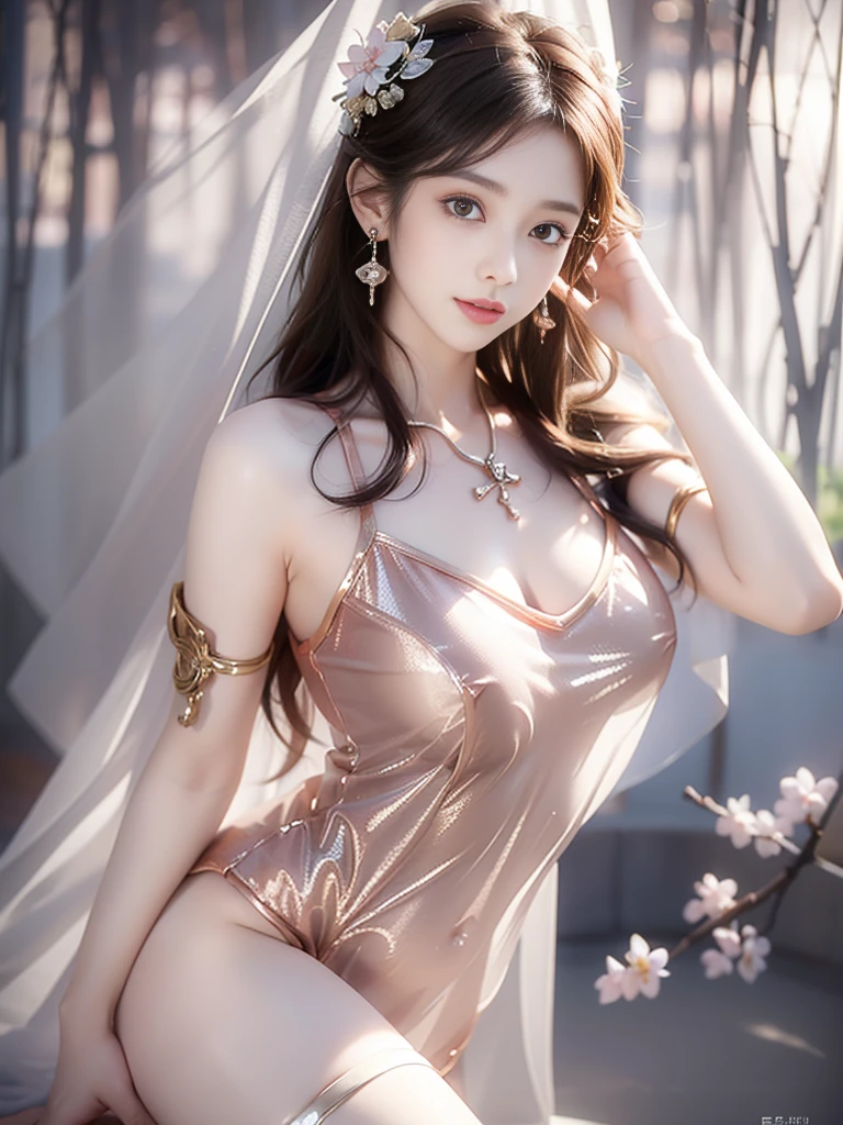 A female model, (Race:Chinese),((cloudy day, bamboo forest, Fall, hot spring)), (8K Ultra HD, 8K, Ultra-high resolution, best quality, masterpiece, Surrealism, Digital SLR Camera, Soft Light, Bokeh, Masterpieces), ((((Beautiful model-like face))), (Creating the image of a real girl), warm light, Realistic shadows, Dynamic poses, Elegant Posture, Cowboy lens, Full body front view, Be confident, Body facing the camera, Standing facing the camera, Open your legs slightly, Golden Ratio Graphics, Minimalism), (Happy smile, Big watery eyes, Cherry Blossom, Balanced Eyes, Perfect beautiful face, Normal facial features, Realistic skin, Attention to skin details, Skin is clean and radiant, Whitening, Anatomically correct body, 沙漏型figure, figure, cosmetic, Gloves, earrings, bracelet, necklace, Jewelry, veil, Hair accessories, Headdress, shawl), ((beautiful hair), Reddish-brown hair, Wavy curly hairstyle, Waist-length hair, Messy Hairstyle, Gradient hairstyles, Cyberpunk hairstyle), ((Transparent clothes：1.5), (Color of clothes: Pink orange background), Transparent Clothes, See-through clothes, Transparent Clothes, Tulle clothes, Mesh clothes, Transparent sci-fi clothes, Shiny micro bikini bra, (Clothes that accentuate your bust shape)), (Sexy的, Perfect breast shape, Teardrop chest shape, Snow-white breasts, very detailed breasts, 36C cups), (Super high waist, Deep V, Low-cut, Sexy, Flattering, Open crotch, (Camel toe, High fork strangulation)), (sock, Knee socks, 吊garter, Leg ring, garter, 腿部garter), (style:Sexy,Mature), (Wet body:1.0) , (Wet clothes:1.0)