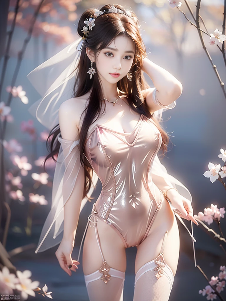 A female model, (Race:Chinese),((cloudy day, bamboo forest, Fall, hot spring)), (8K Ultra HD, 8K, Ultra-high resolution, best quality, masterpiece, Surrealism, Digital SLR Camera, Soft Light, Bokeh, Masterpieces), ((((Beautiful model-like face))), (Creating the image of a real girl), warm light, Realistic shadows, Dynamic poses, Elegant Posture, Cowboy lens, Full body front view, Be confident, Body facing the camera, Standing facing the camera, Open your legs slightly, Golden Ratio Graphics, Minimalism), (Happy smile, Big watery eyes, Cherry Blossom, Balanced Eyes, Perfect beautiful face, Normal facial features, Realistic skin, Attention to skin details, Skin is clean and radiant, Whitening, Anatomically correct body, 沙漏型figure, figure, cosmetic, Gloves, earrings, bracelet, necklace, Jewelry, veil, Hair accessories, Headdress, shawl), ((beautiful hair), Reddish-brown hair, Wavy curly hairstyle, Waist-length hair, Messy Hairstyle, Gradient hairstyles, Cyberpunk hairstyle), ((Transparent clothes:1.5), (Color of clothes: Pink orange background), Transparent Clothes, See-through clothes, Transparent Clothes, Tulle clothes, Mesh clothes, Transparent sci-fi clothes, Shiny micro bikini bra, (Clothes that accentuate your bust shape)), (Sexy的, Perfect breast shape, Teardrop chest shape, Snow-white breasts, very detailed breasts, 36C cups), (Super high waist, Deep V, Low-cut, Sexy, Flattering, Open crotch, (Camel toe, High fork strangulation)), (sock, Knee socks, 吊garter, Leg ring, garter, 腿部garter), (style:Sexy,Mature), (Wet body:1.0) , (Wet clothes:1.0)