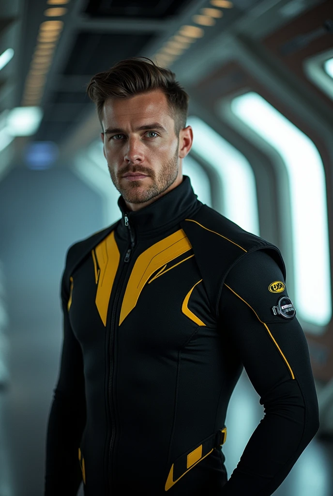 fking_scifi, award-winning photo of a man, black flight suit with yellow accents, brown hair, (gray eyes:1.35), square jawline, asymmetric face, standing in front of a window on a space ship, 80mm, bokeh, mass effect, close up, fking_cinema_v2