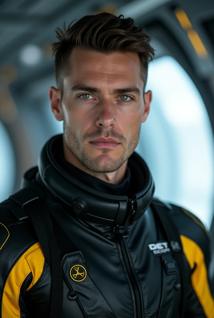 fking_scifi, award-winning photo of a man, black flight suit with yellow accents, brown hair, (gray eyes:1.35), square jawline, asymmetric face, standing in front of a window on a space ship, 80mm, bokeh, mass effect, close up, fking_cinema_v2