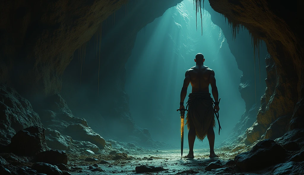 An African hunter with bare chest,sword in hand and short hair in a dark cave bending to take a glowing amulet