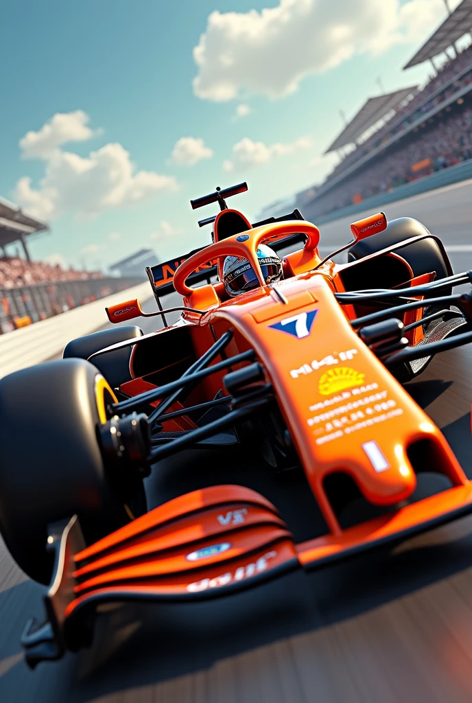Detailed Background, masterpiece, Highest quality, Orange F1 car,McLaren,run through,Lando Norris,Guts pose