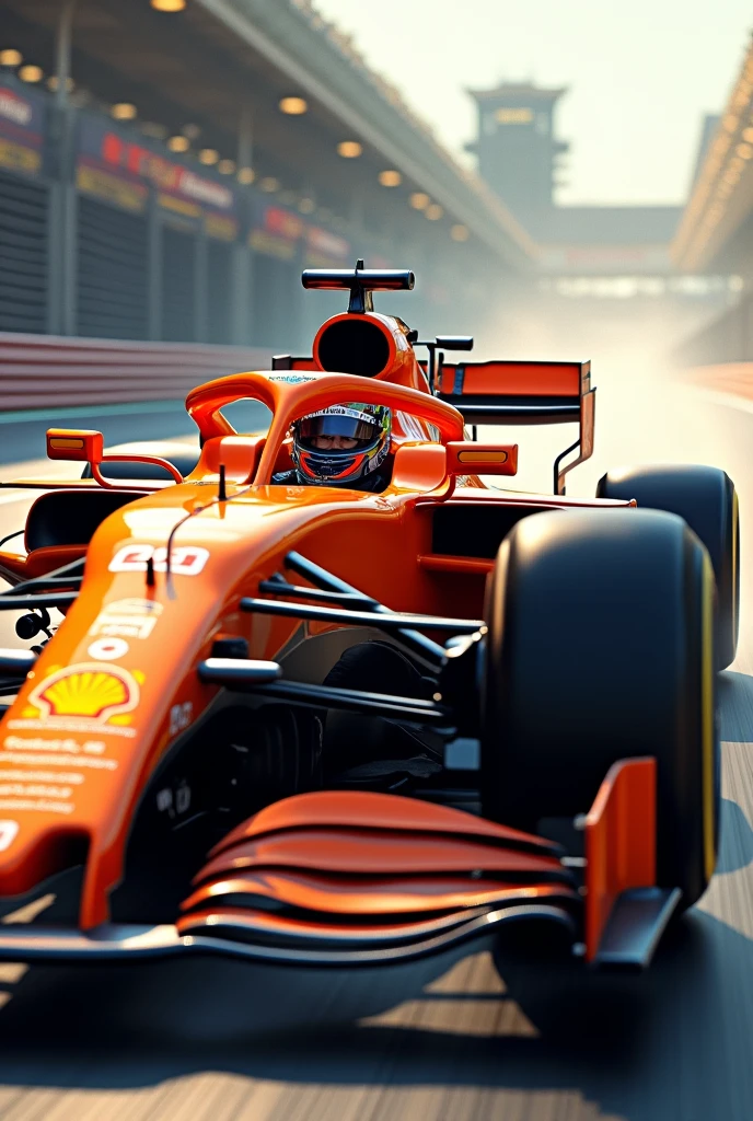 Detailed Background, masterpiece, Highest quality, Orange F1 car,McLaren,run through,Lando Norris,Guts pose