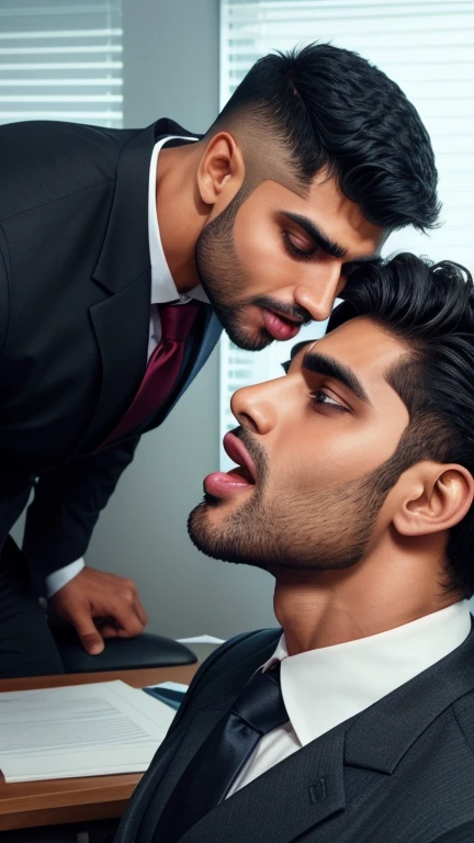 Business man Indian Gurjar gay couple wetty mouth to mouth tounge to tounge kissing and sucking lower lip, bitting lower lip during kissing saliva dripping from mouth with big shinning eyes big lips wide jawline beautiful hunk face spiky black hairstyle, seductive kissing in office 