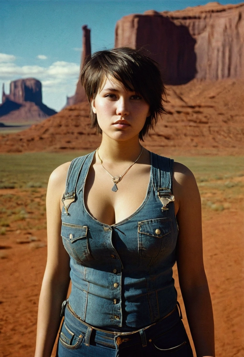 analog film photograph, photo of a modern Sioux woman, 18-years-old, long, amazonian stature, athletic, voluptuous hourglass figure, busty breasts, narrow waist, full wide hips, big round buttocks, wearing a frayed vest and tight ripped jeans and Doc Martens boots, tan complexion, amber eyes, dark hair, punk pixie cut, standing in Monument Valley, RAW Photograph, dslr, soft lighting, high quality, film grain, Fujifilm XT3, detailed skin with visible pores, insane details, masterpiece, 8k, 35mm photograph, dslr, kodachrome, faded film, desaturated, grainy, vintage, Lomography, stained, highly detailed, found footage