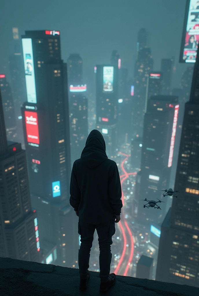 Imagine you are in depression and you stand on a tall building in cyberpunk era