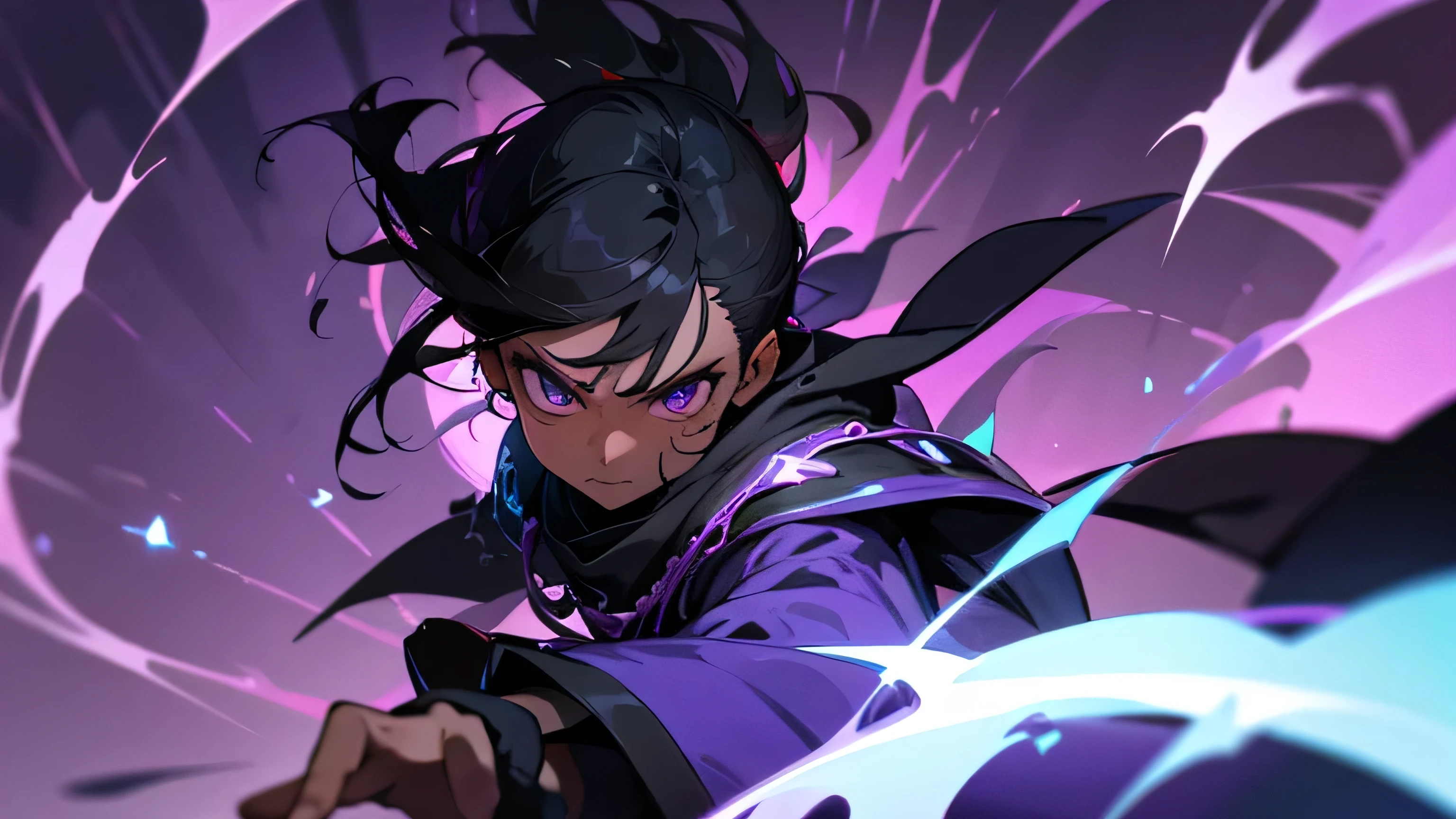 a sorcerer with purple magic point at front with brown skin and black hair, malevolent expression, down vision, first person view