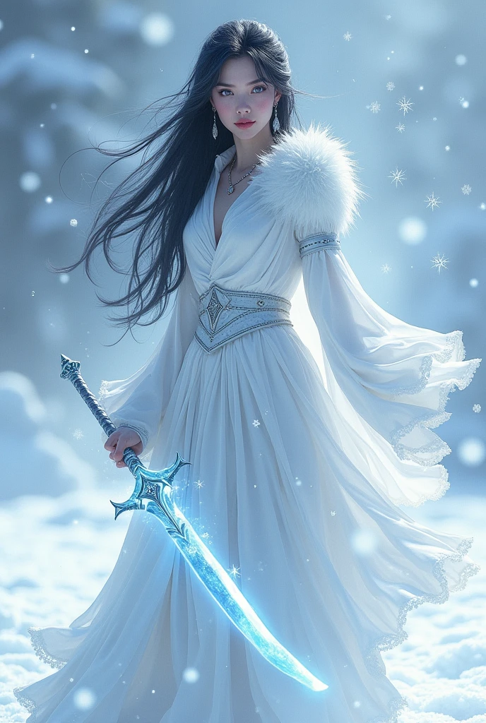 Create a female character with black hair, blue eyes, an ice sword, white clothes, and snow powers.