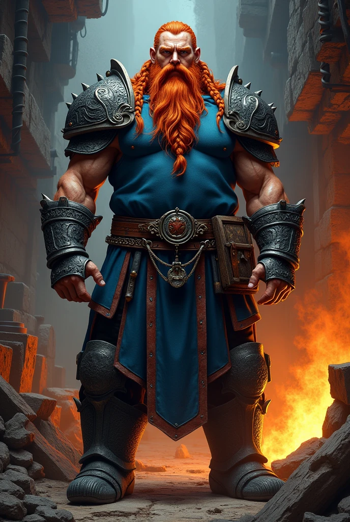 I would like a large, strong, broad man with long braided red hair like a Viking, a long braided beard, orange eyes, and a square face. He wears a large blue armor with details in black and red over his body, with large boots on his feet. and I would like the background to be a forge. I would like it to be in a mature style, with the art in a fantasy and RPG style set in the Old West.