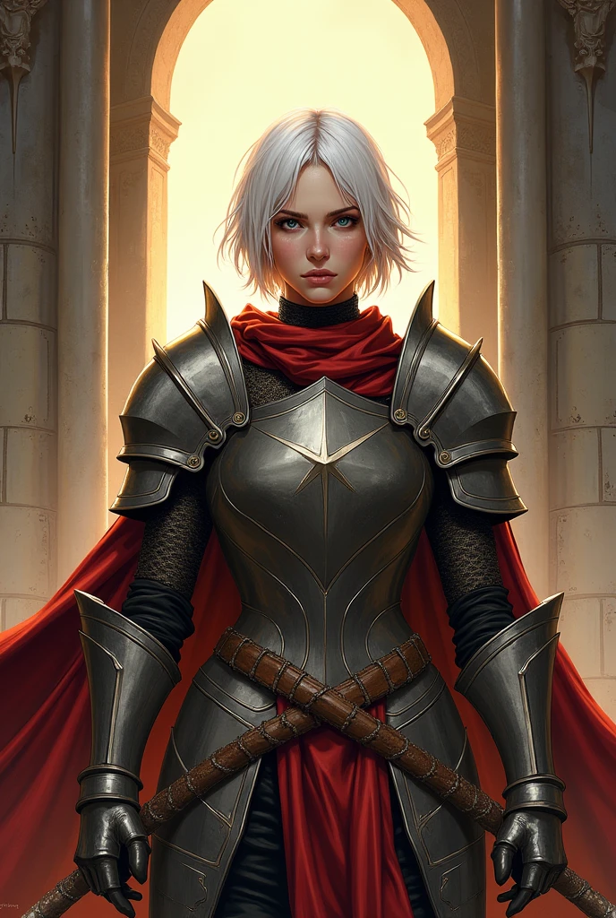 2d art, Keyleth vox machina, White hair, shorth hair, medieval armor, hight contrast, Two-tone lighting, drawning, d&d, arte 2d cleriga, drawning animado, attack on titan, menos realista, vox machina-like art, arte de drawning animado adulto, a little more realistic, similar to the art style of attack on titan, less realism, hight contrast