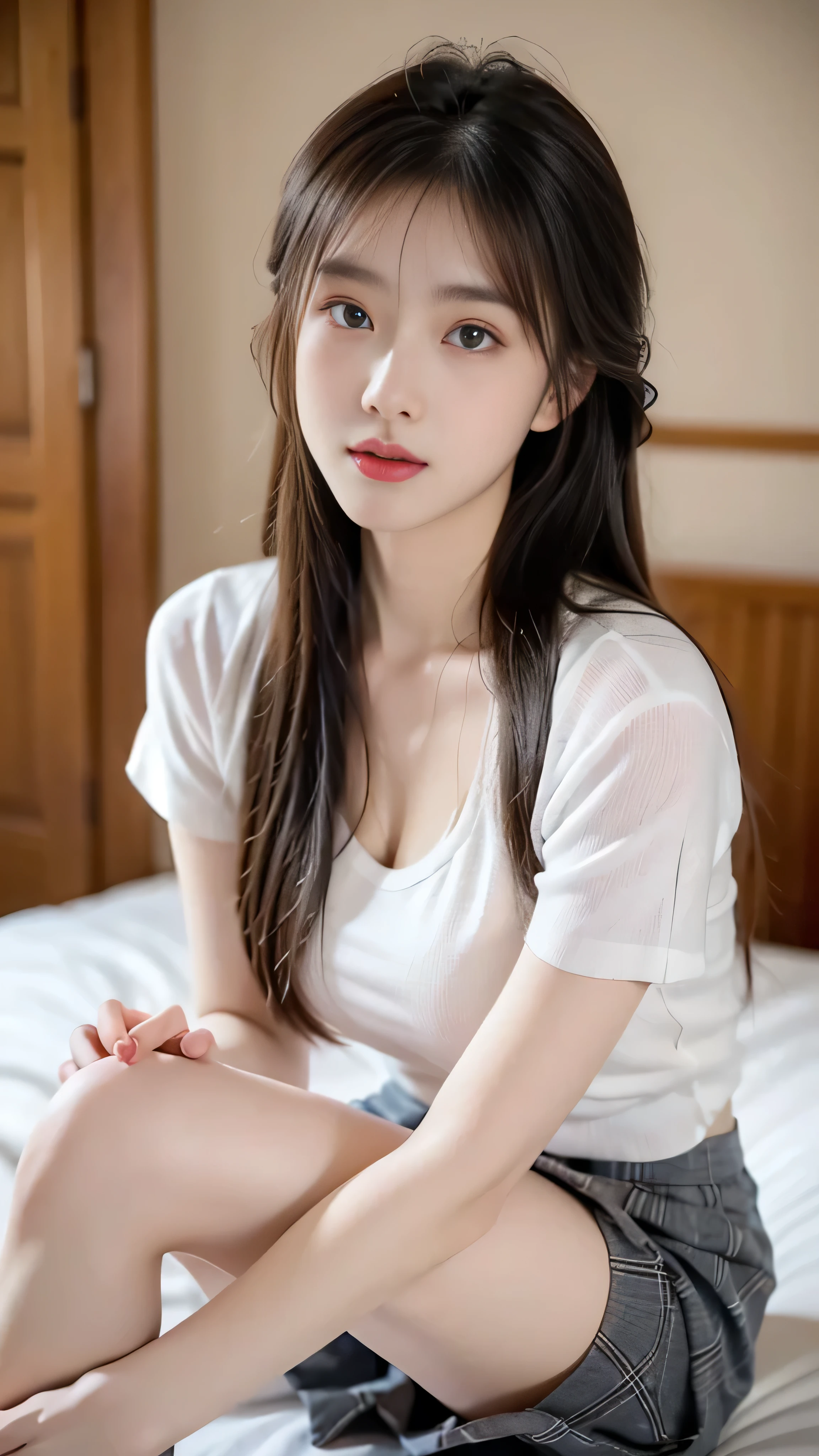 ((top-quality,8k,tmasterpiece:1.3)), Beautuful Women, Hide your face, 1个Giant Breast Girl, full bodyesbian, big breasts beautiful:1.3, Slender Abs:1.1, White shirt, The kinky is exposed, full, longblackhair, (sitting on his knees on the bed), legs separated, Plaid miniskirt, Japanese high school uniform, Super detailed face,Highly detailed lips, Detailed eyes, double eyelid, Strict head and body ratios:1.5