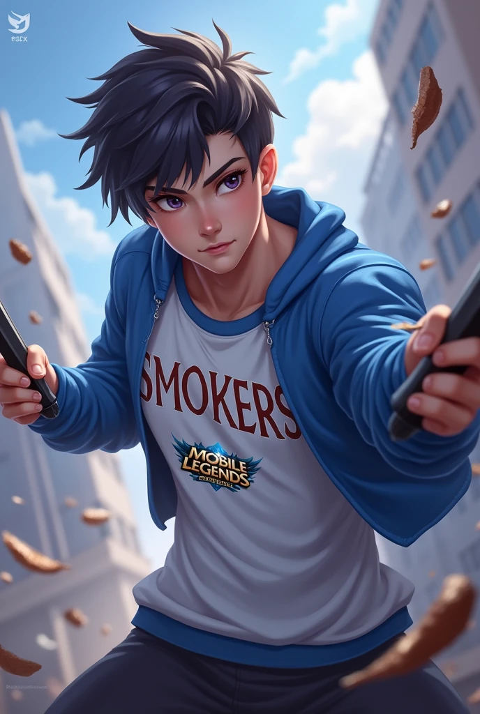 Game name:mobile legends bang bang games. Holding dagger in right hand.
Body size: no muscle man
Outfit: White and blue with clear and not hidden print "smokers".
Background realistic