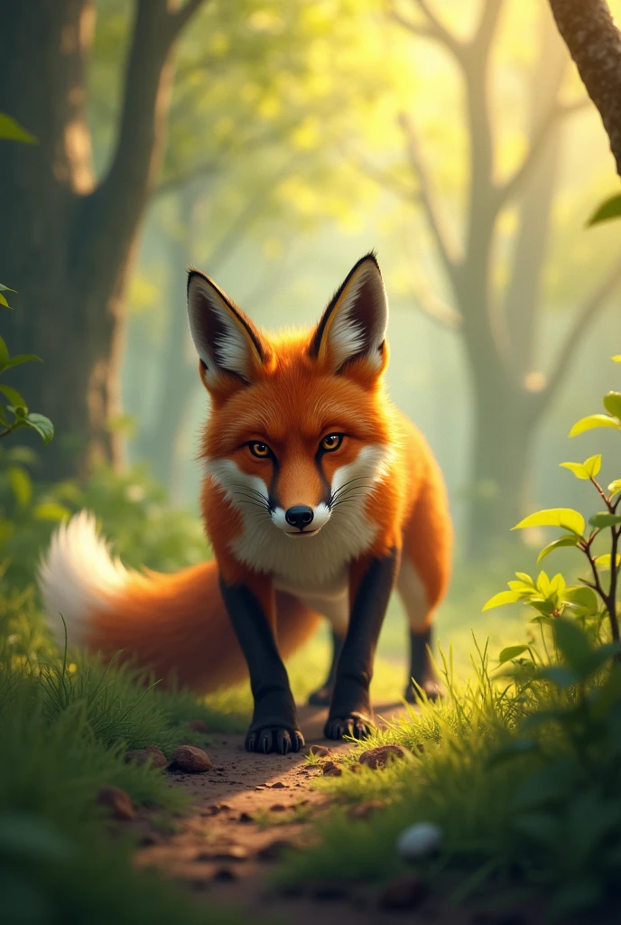 A brown fox getting ready to hunt,Background morning forest,Cute realistic style