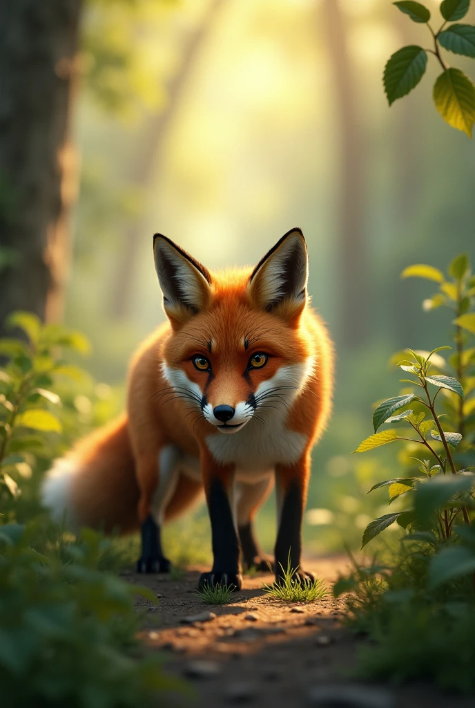 A brown fox getting ready to hunt,Background morning forest,Cute realistic style