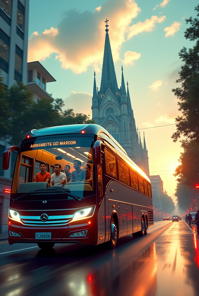 A surreal Universe luxury coach carrying soccer players, moving through a Saigon street at Notre Dame Cathedral | fantasy, colorful, highly detailed, dreamlike atmosphere, glass reflections, urban setting | photorealistic | cinematic sunset lighting
