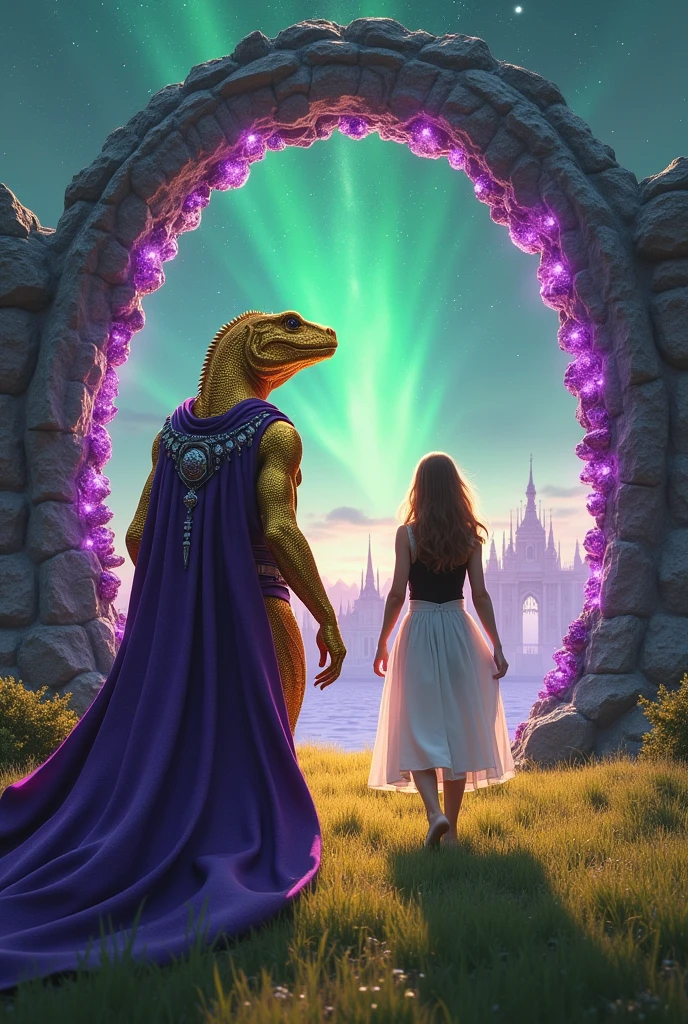 Reptilian with golden scales and a purple cloak and a silver belt , exit through a stargate made of amethysts, she guides a woman in a black tunic and white dress, Inside the portal there is a beautiful city of white buildings at night,  The portal is in the middle of a field, the sky is daytime and has a green nebula
