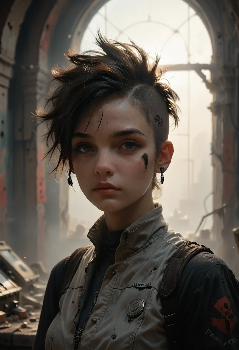 Portrait of 1 young woman ,Science fiction, complex punk background, Mad Max , Futuristic, Postapocalyptic, Dark, Low light, ((masterpiece, Best quality, )), Renaissance