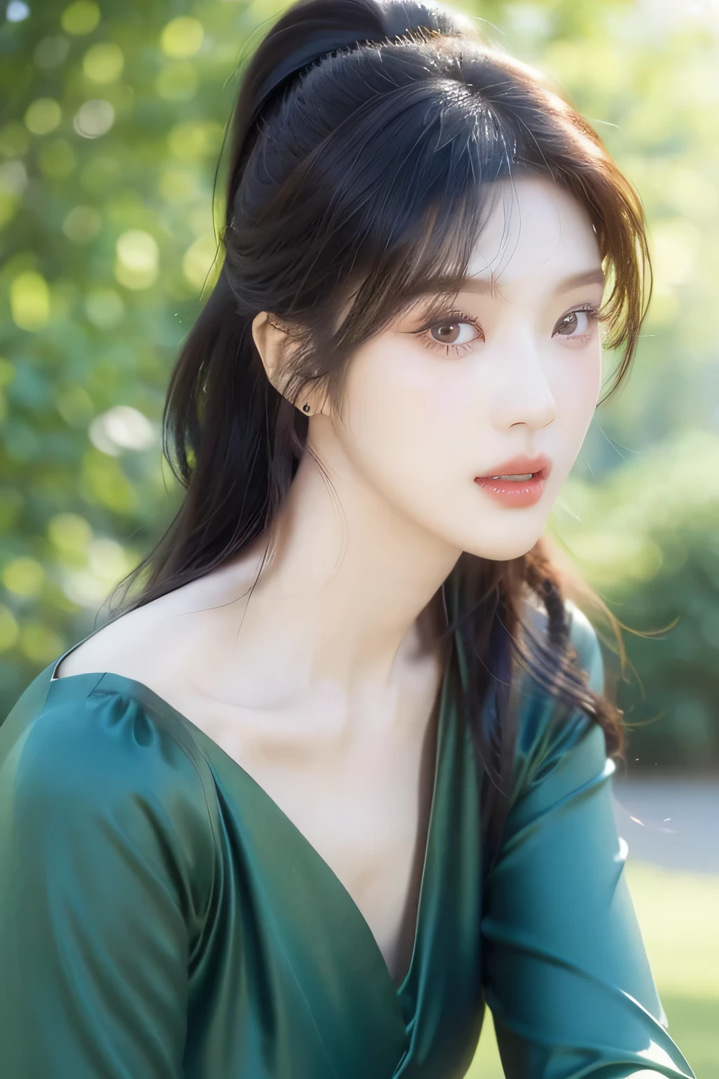 Joy rv, green satin dress, ponytail Auburn hair, beautiful detailed eyes, beautiful detailed lips, extremely detailed face, longeyelashes, elegant pose, dramatic lighting, cinematic, chiaroscuro, dramatic shadows, moody, atmospheric, photorealistic, 8k, best quality, masterpiece, foliage background