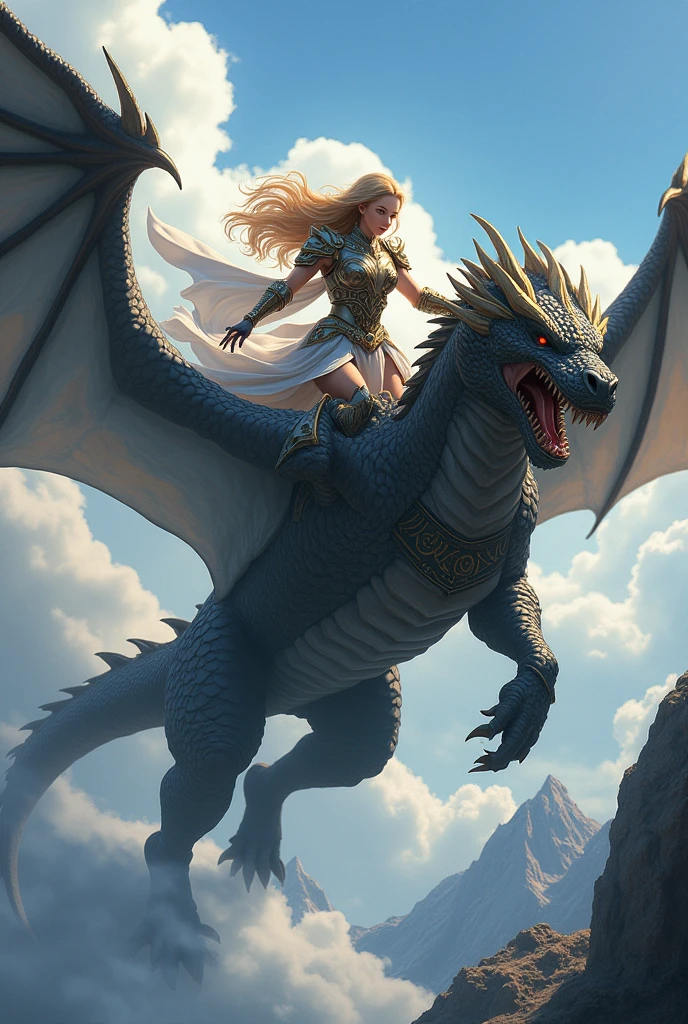 Create an anime china with valkyrie armor jumping on a dragon epically.