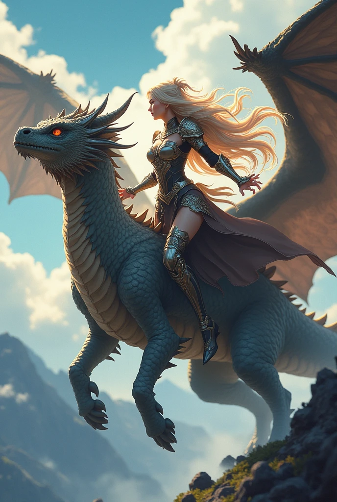 Create an anime china with valkyrie armor jumping on a dragon epically.