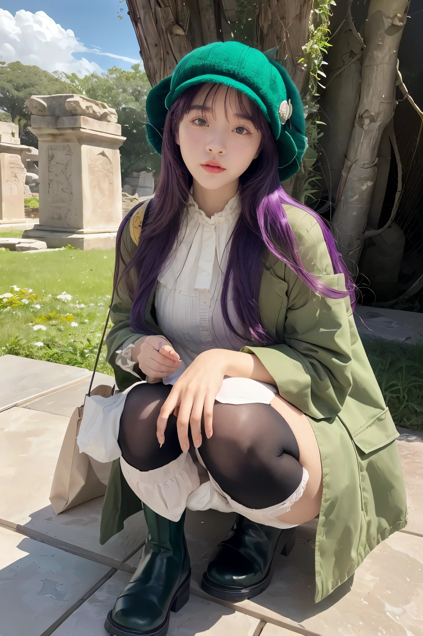 best quality, (Masterpiece:1.2), illustration, nonsense,  (1 girl, alone), (Beautiful girl with details),, Aeolia, purple hair, long hair, conjunctivitis, Medium bust,, be happy, cheerful,, Green Hat, Hat decorated with feathers, green dress, Green coat, (Fantasy:1.1) (Middle Ages:1.1) set of clothes, (black_tights:1.1), white shirt, Brown shorts, Buffel boots, brown boots,, Magic Forest, flower, Angel Ring, Ancient ruins, Stone Ruins, lagoon, sky, cloud