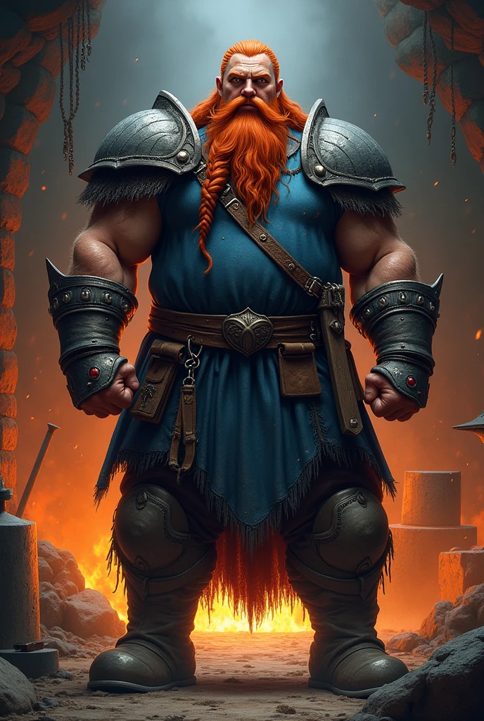 I would like a large, strong, broad man with long braided red hair like a Viking, a long braided beard, orange eyes, and a square face. He wears a large blue armor with details in black and red over his body, with large boots on his feet. and I would like the background to be a forge. I would like it to be in a mature style, with the art in a fantasy and RPG style set in the Old West.