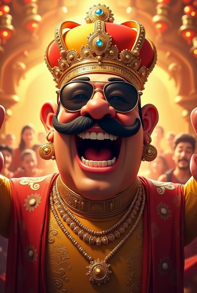 A vibrant and dynamic poster.The central figure is a joyful, larger-than-life character dressed in traditional attire with a royal golden crown adorned with a large gemstone. The character has a thick, curled mustache and is wearing black round sunglasses. He has an exaggerated expression of laughter, with his mouth wide open, showing a sense of excitement and celebration. The character is also adorned with heavy golden jewelry, including necklaces and earrings. The background is fiery and glowing with shades of orange, red, and gold, creating a festive and energetic atmosphere.The overall style is bold, colorful, and celebratory, with a mix of traditional and modern elements.
Size: 1024x1792.